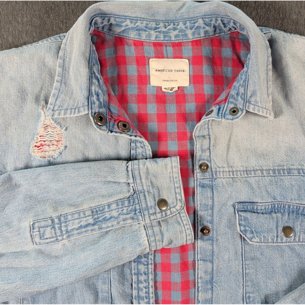 Distressed Chambray Denim Plaid Lined Shirt Snap AMERICAN EAGLE Oversized Fit XS